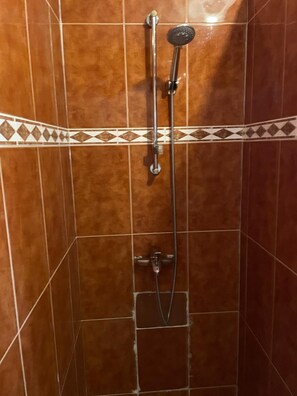 Dusche mit Handbrause und fest installierter Duschköpfe, geflieste W ände und einer Zierleiste.
