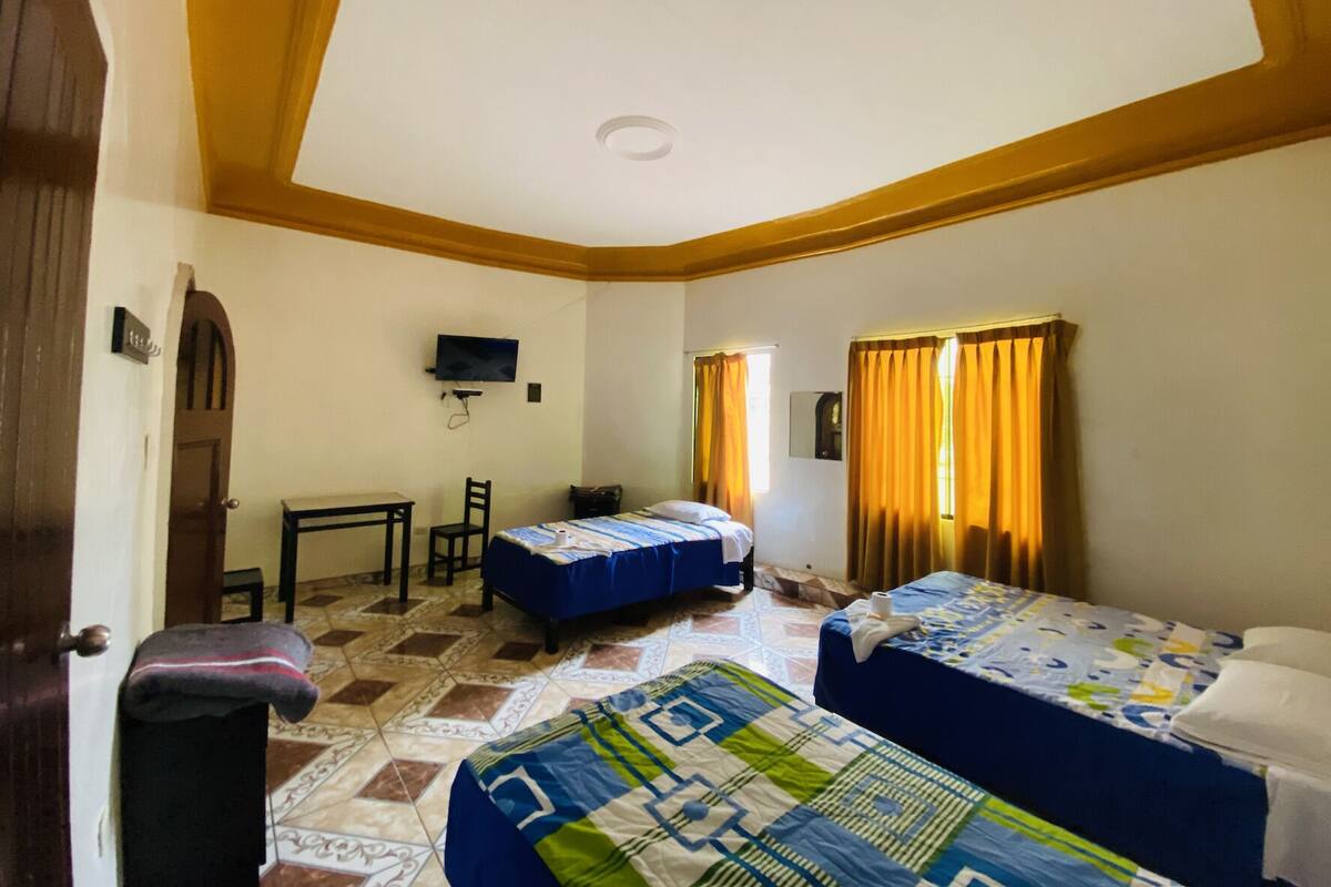 A room with two beds, a desk, a chair, a television, and a door.