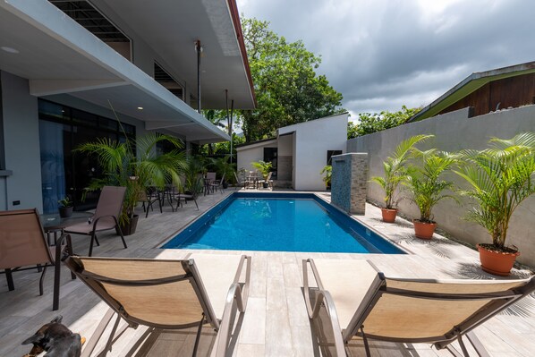 A modern outdoor pool area with lounge chairs, potted plants, and a clear blue pool.