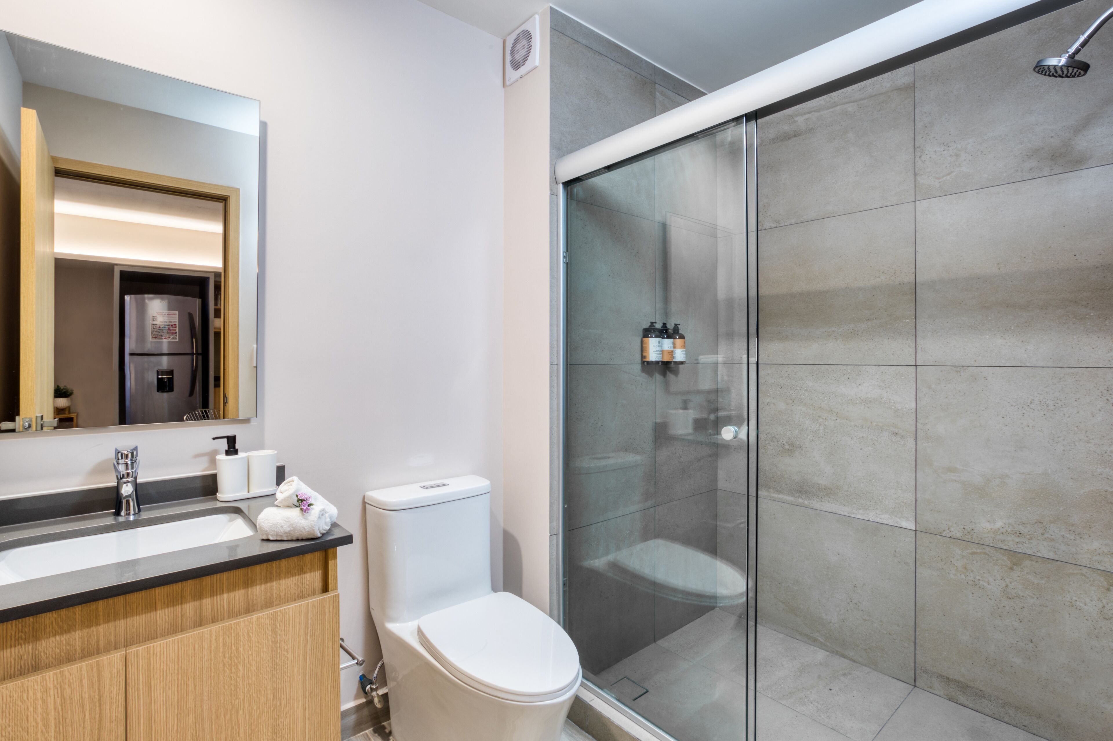 Une salle de bain moderne avec une douche à parois de verre, un lavabo avec un miroir et des toilettes.