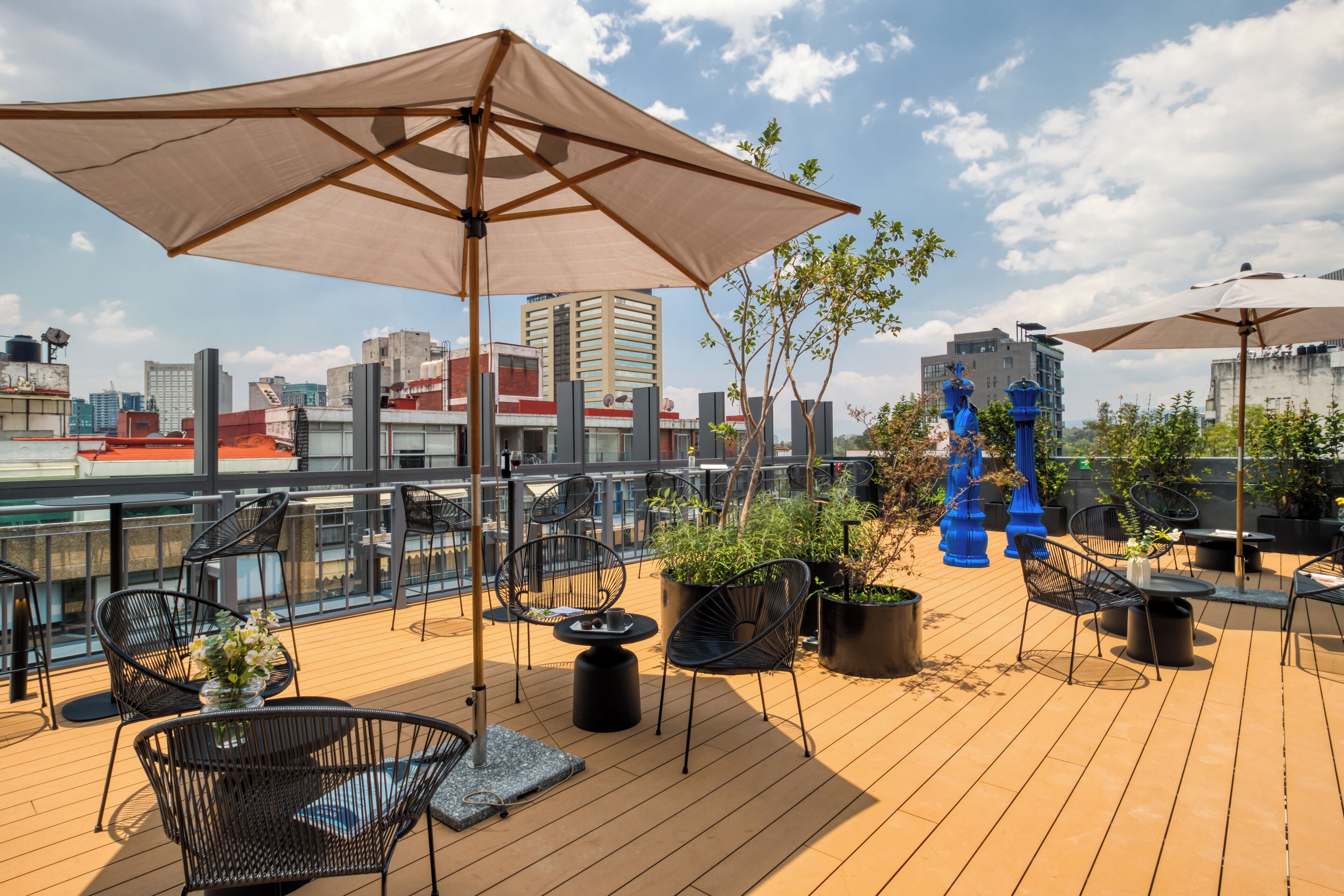 A rooftop terrace with outdoor seating, potted plants, and a view of the city skyline.