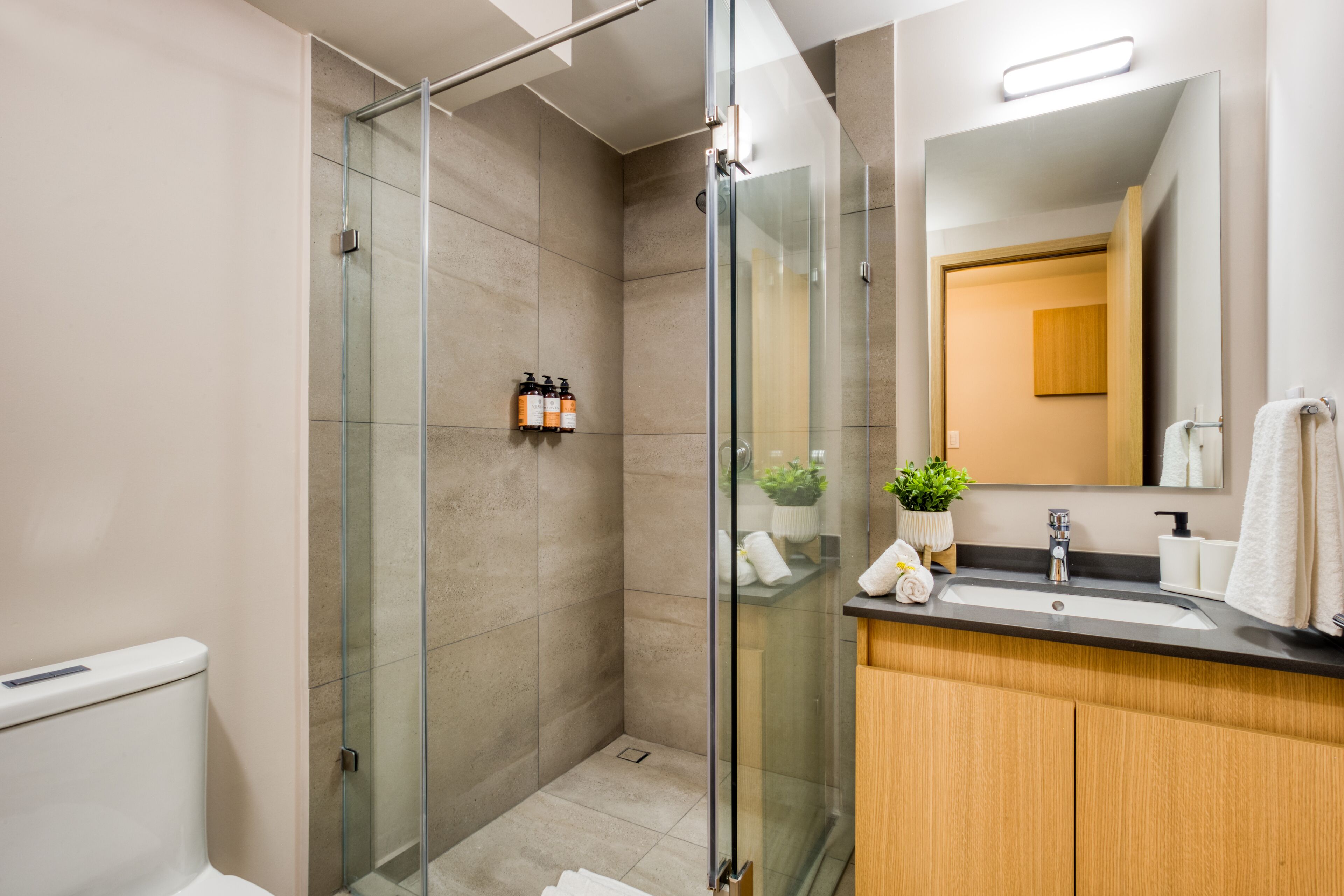 A modern bathroom with a glass shower enclosure, a wooden vanity, and a large mirror.