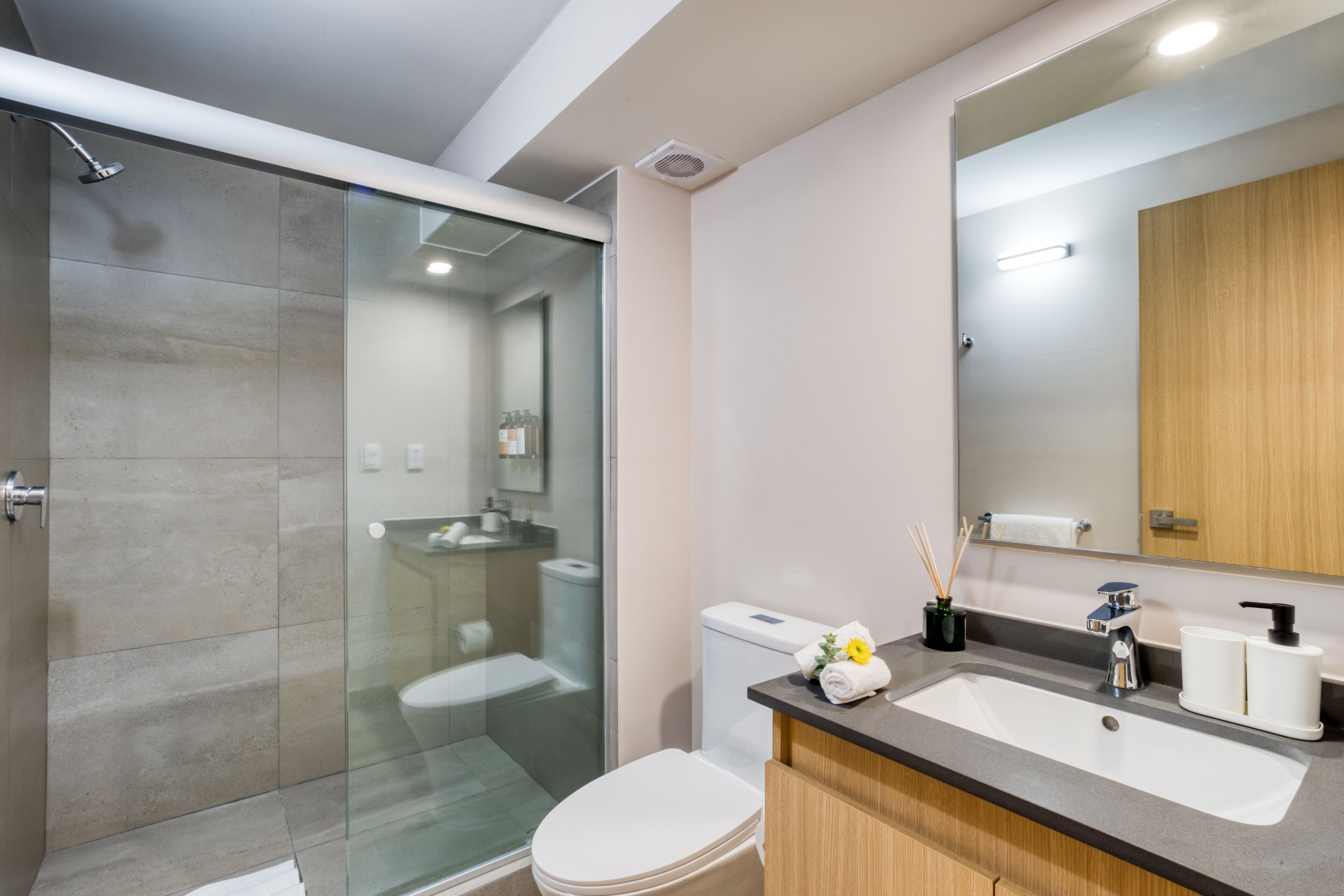 Ein modernes Badezimmer mit Duschkabine aus Glas, einer weißen Toilette und einem Waschtisch mit Waschbecken und Spiegel.