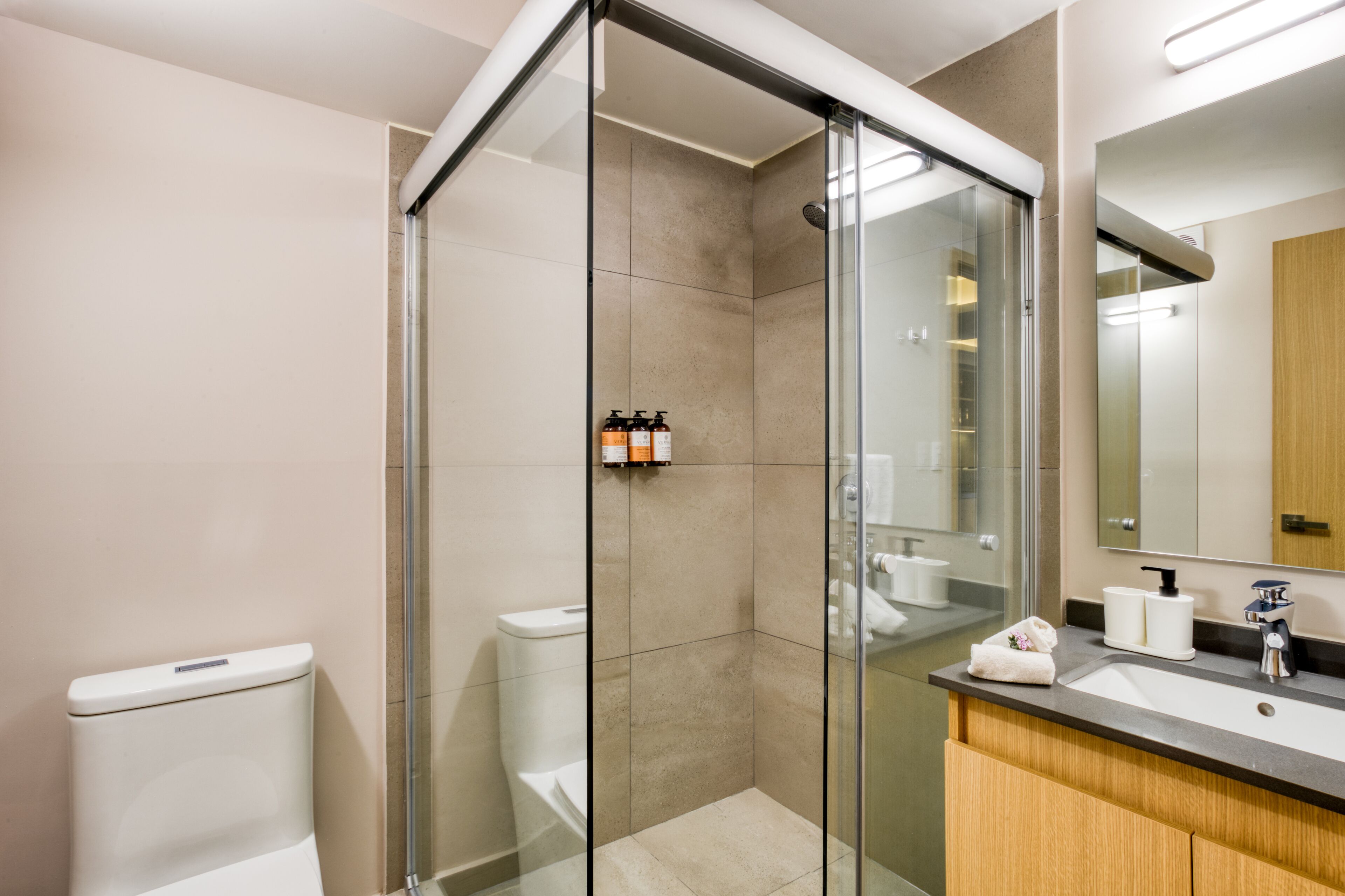 A modern bathroom with a glass-enclosed shower, a white toilet, a sink with a wooden vanity, and a mirror above the sink.