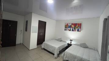 A room with two single beds, a door, a wall-mounted artwork, and a ceiling light.