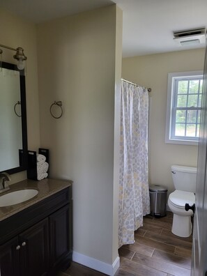 Hair dryer, towels, soap, shampoo