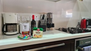 Fridge, microwave, oven, electric kettle