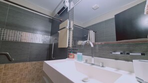 Shower, hair dryer, towels