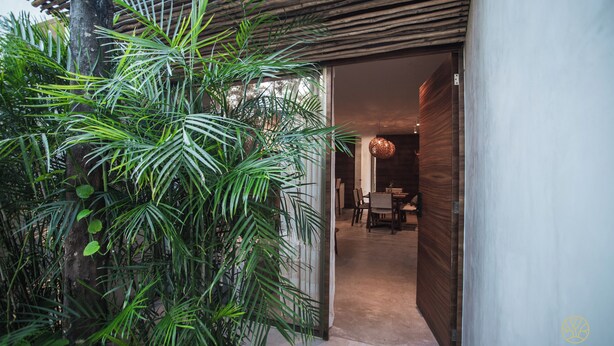 Un edificio moderno con una pergola in legno e vegetazione rigogliosa.