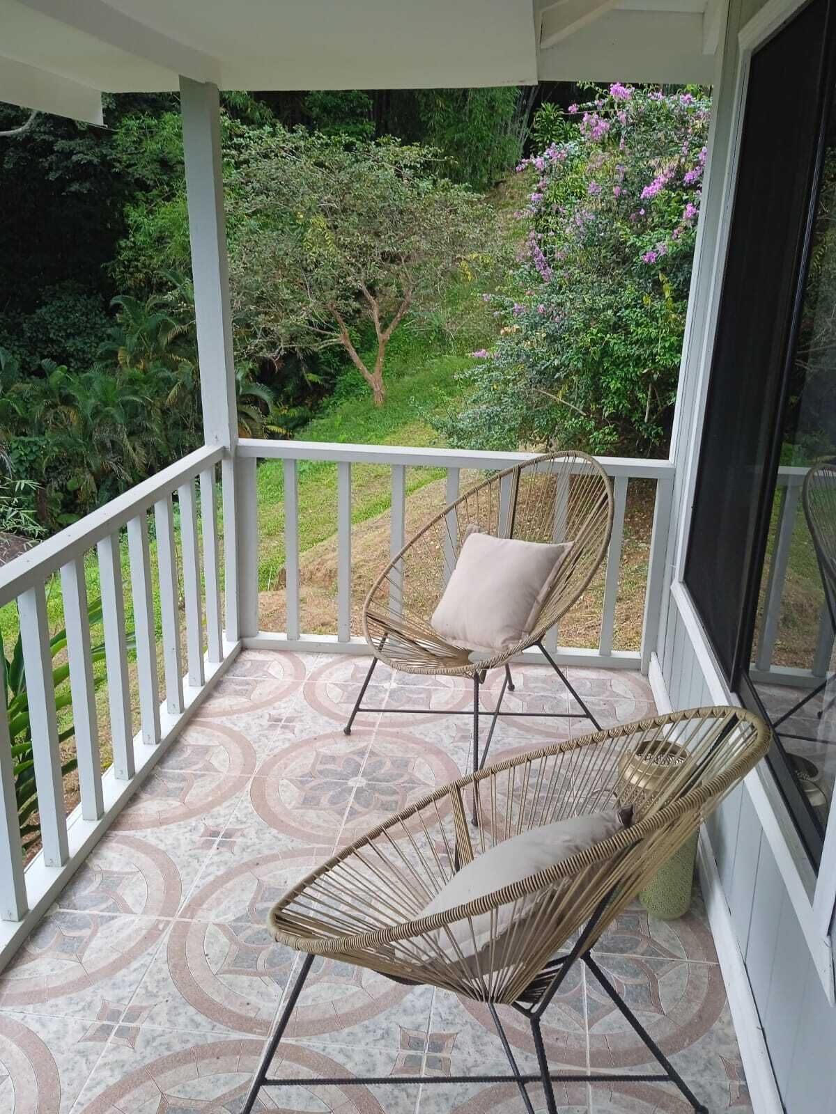 Een overdekt terras met een betegelde vloer, twee rieten stoelen met kussens en uitzicht op een tuin met bomen en struiken.