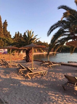 A beachside resort with lounge chairs, a pool, and palm trees. - Apartment Sonja Supetar (Supetar)