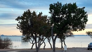 Een park aan het meer met picknicktafels en een bankje, bomen, en een weg met een geparkeerde SUV.