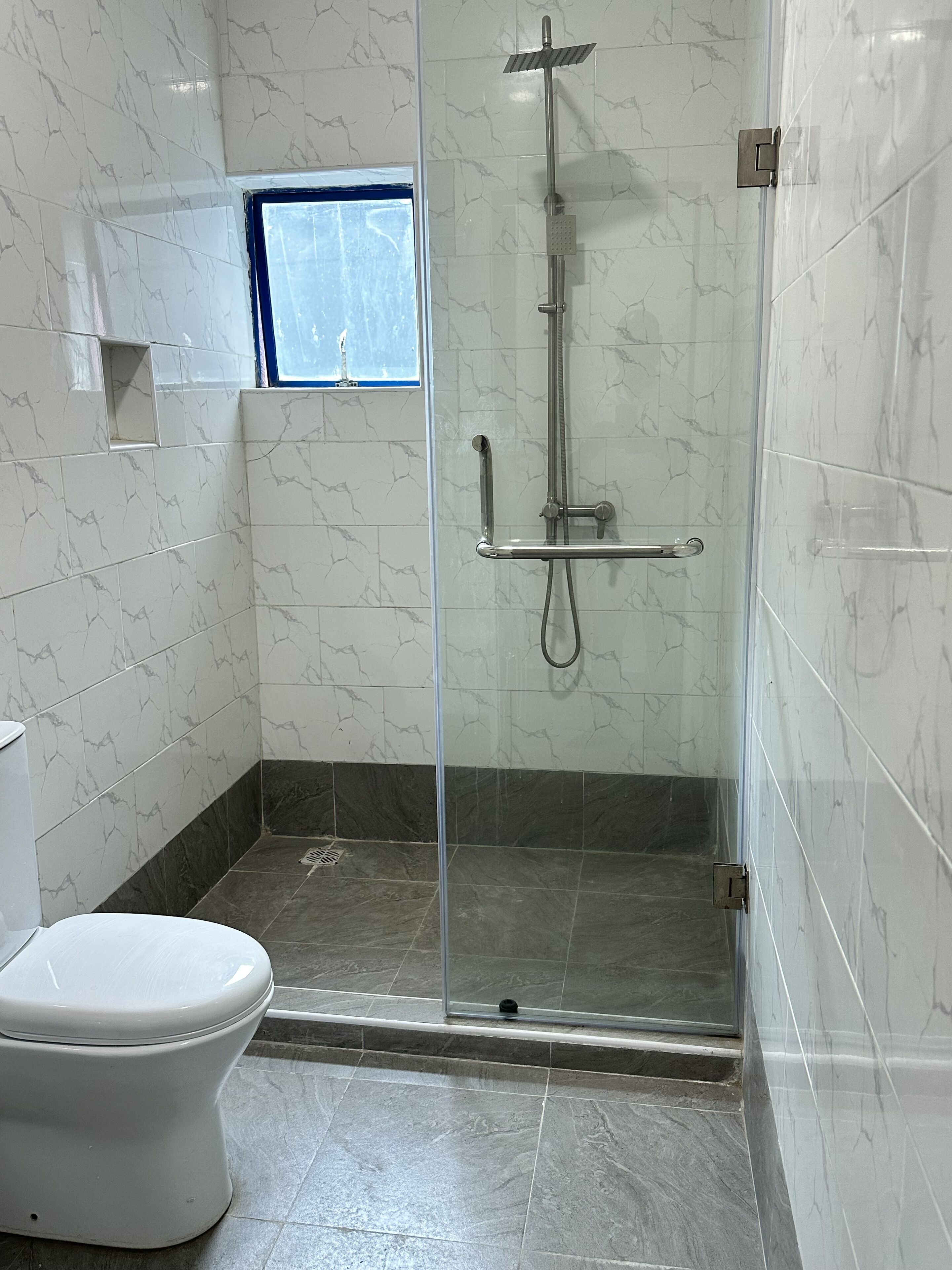 A bathroom with a glass-enclosed shower, a toilet, and a window.