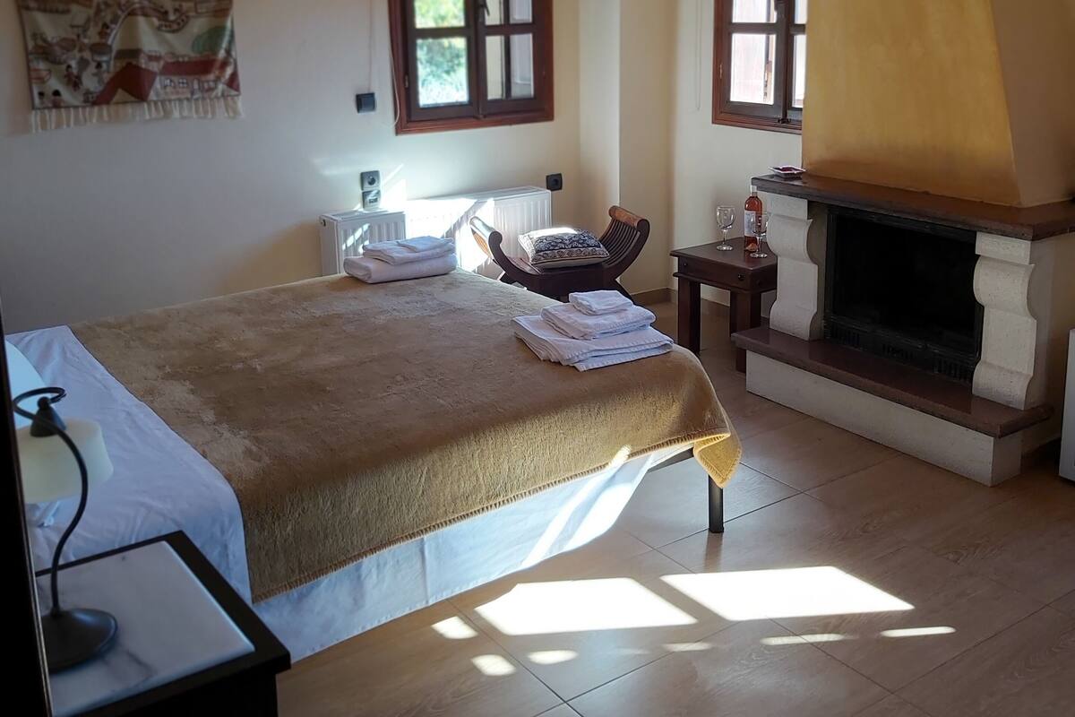 Ein Schlafzimmer mit einem Bett, einem Kamin und einem Fenster.