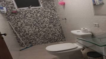 Shower, towels, soap, toilet paper