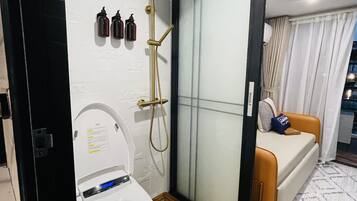 Hair dryer, towels, soap, toilet paper