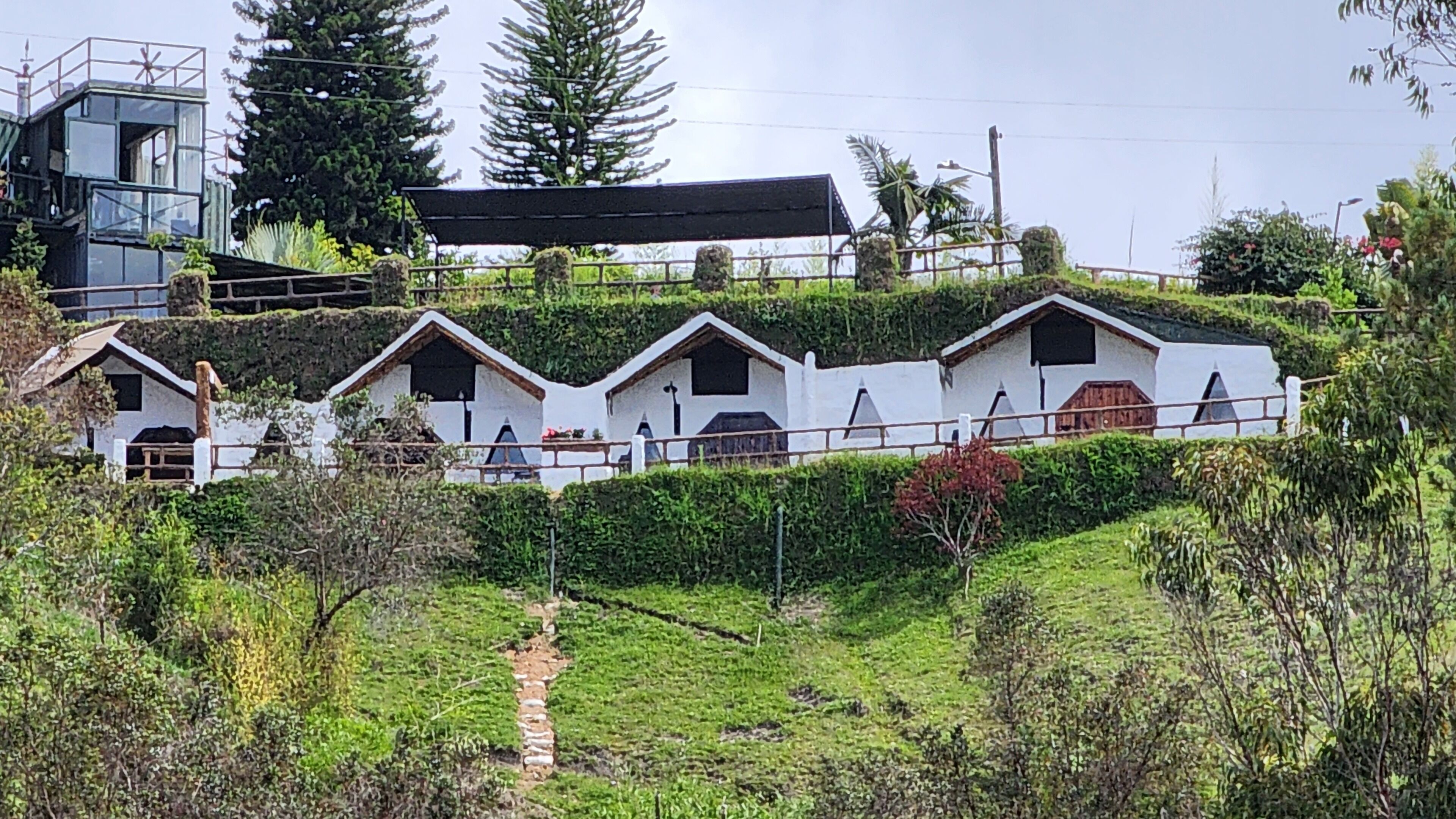 A row of white, single-story buildings with pitched roofs, surrounded by greenery and a stone path.