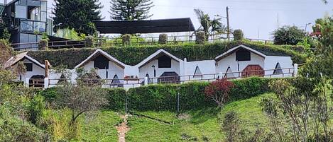 Una hilera de edificios blancos de un solo piso con techos a dos aguas, rodeados de vegetación y un camino de piedra.