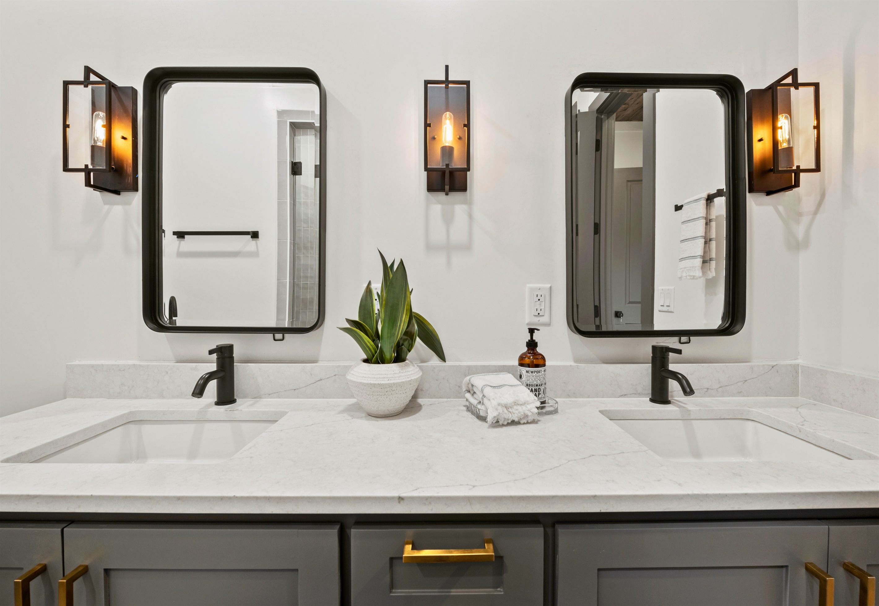 A bathroom with two sinks, a potted plant, and a towel rack.