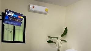 A hotel room with two beds, a TV mounted on the wall, an air conditioner, and a potted plant.