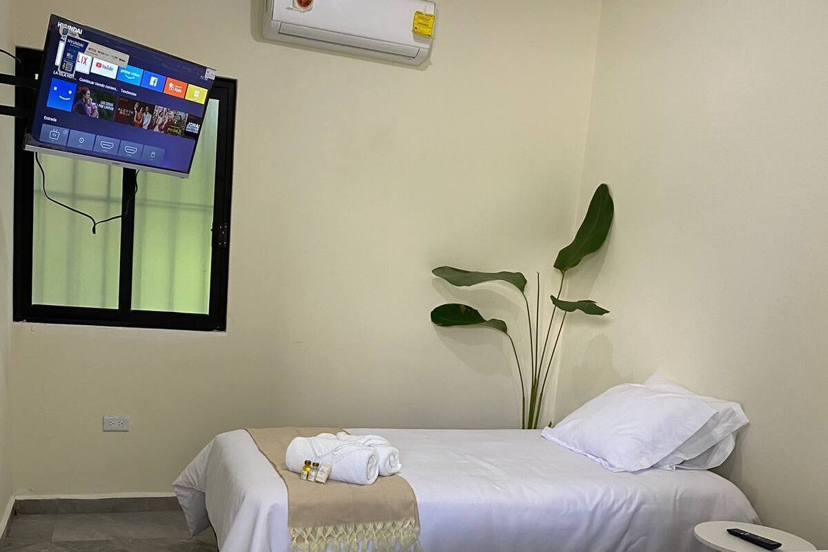 Habitación de hotel con dos camas, un televisor montado en la pared, aire acondicionado y una planta en maceta.