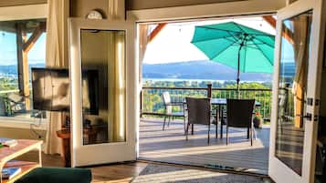 Smart TV, fireplace, books, stereo