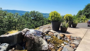 Un espace aménagé avec un petit élément décoratif aquatique, des plantes en pot et une vue sur des collines lointaines.