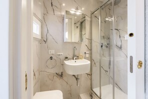 Shower, hair dryer, towels, shampoo