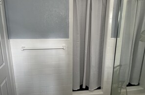 Shower, hair dryer, soap, shampoo