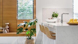 Una cocina moderna con un armario de madera, una ventana con plantas tropicales, una encimera blanca, un fregadero y un cuenco de limones.