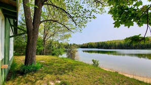 A lakeside cabin with a grassy area, a tree, and a view of the lake.