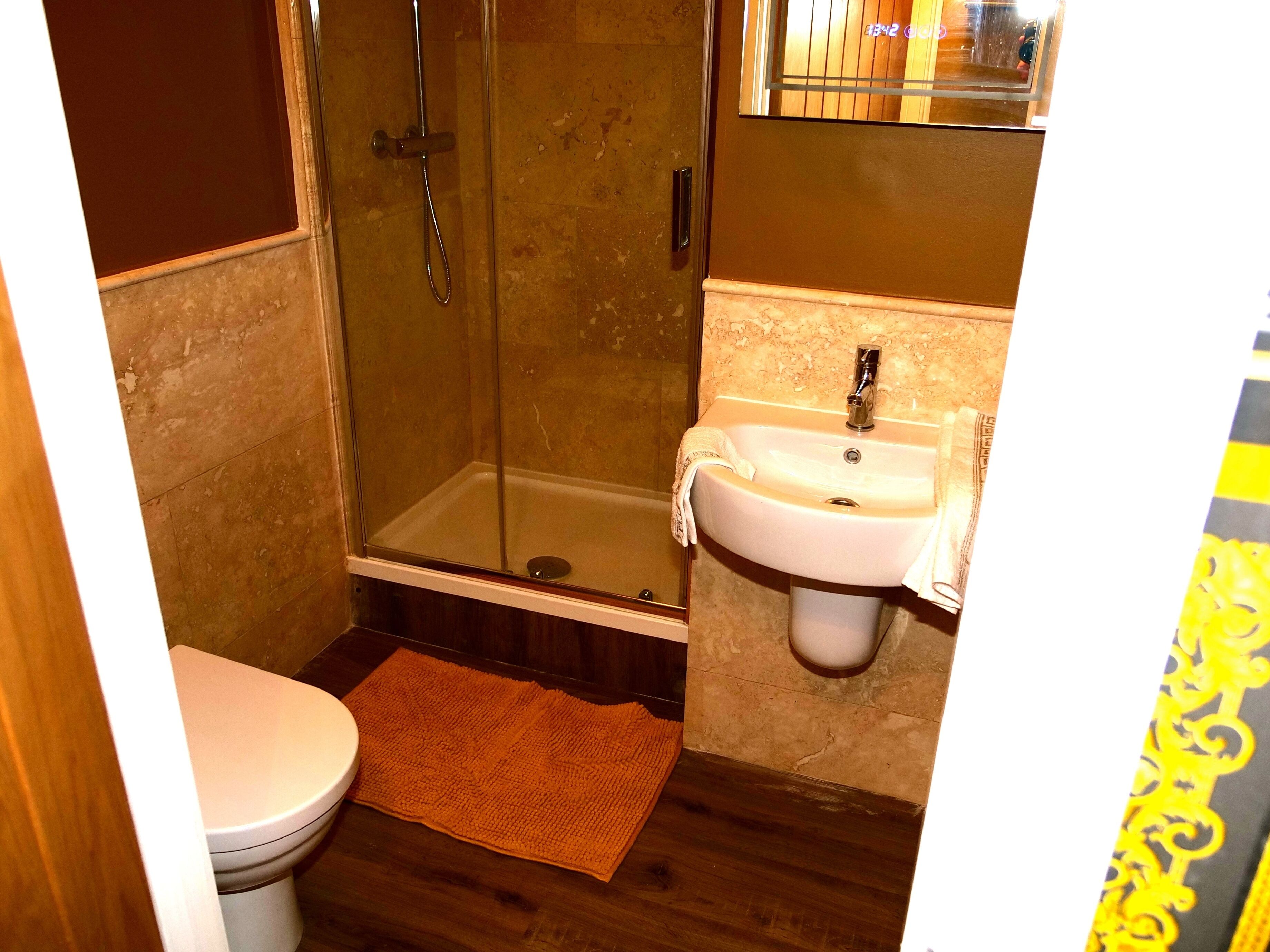Shower, hair dryer, towels