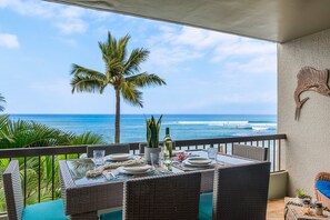 Outdoor dining - Hale Mahina  A202 OceanFront Condo on Sandy Beach w Pool (Lahaina)