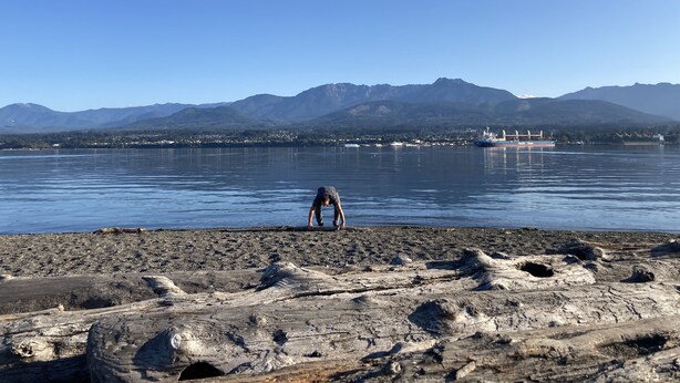 A rocky shoreline with a person standing on the beach, a calm lake, and mountains in the background. - Make Victoria View your home base while exploring PNW! Garage to store your toys (Port Angeles)