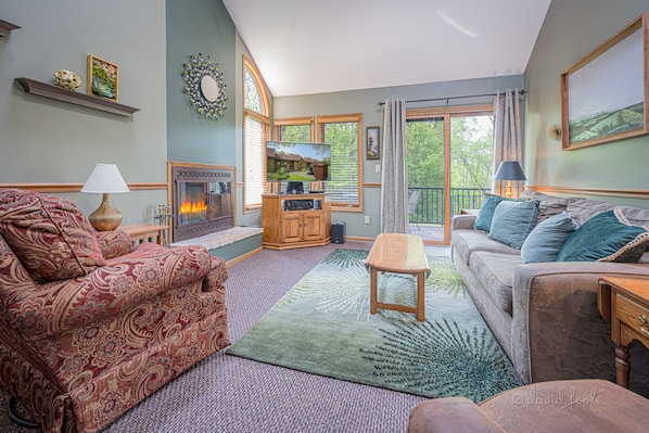 Smart TV, chimenea, reproductor de DVD y estéreo