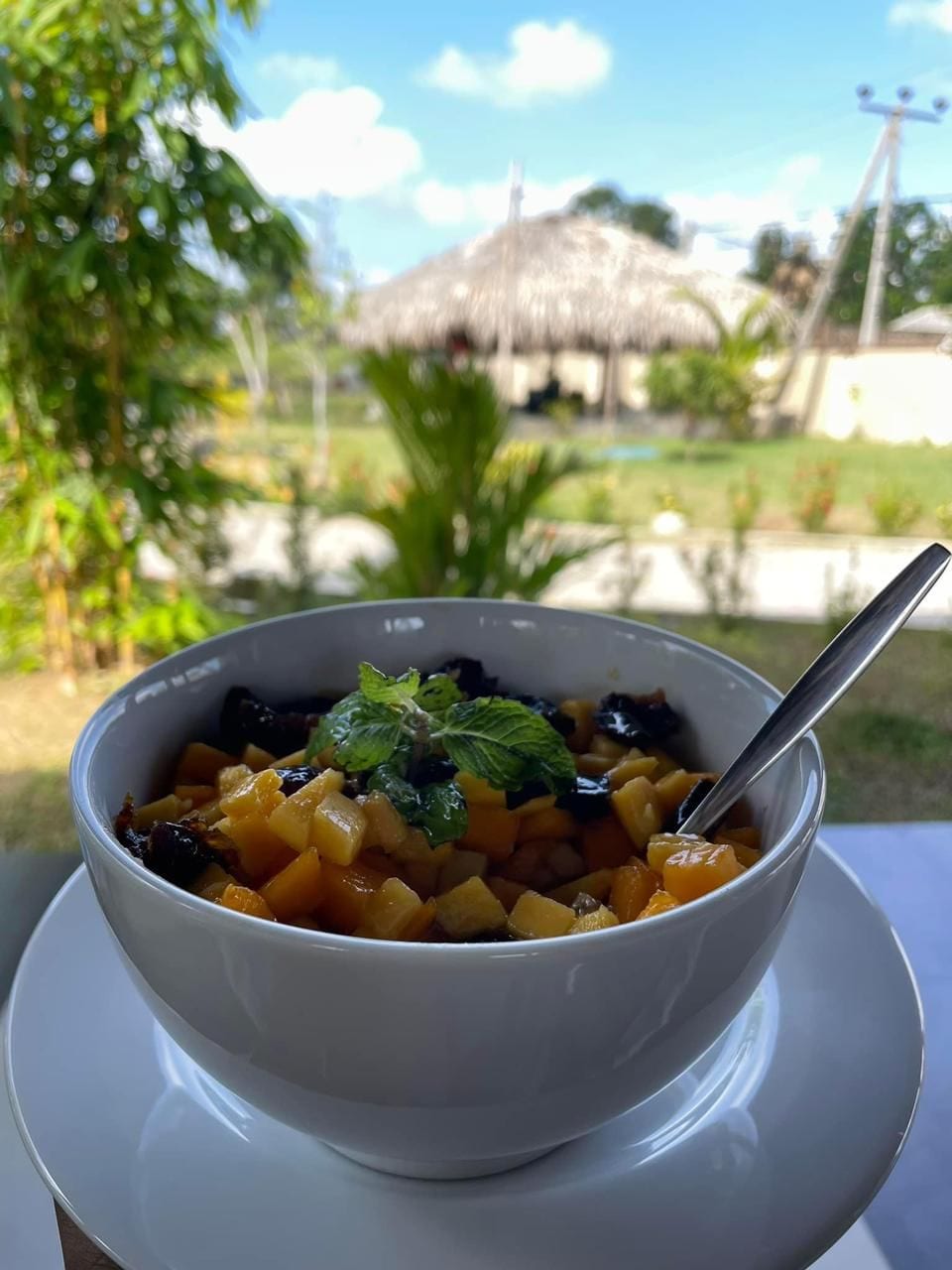 Un tazón de ensalada de frutas con una cuchara, sobre un platillo blanco.