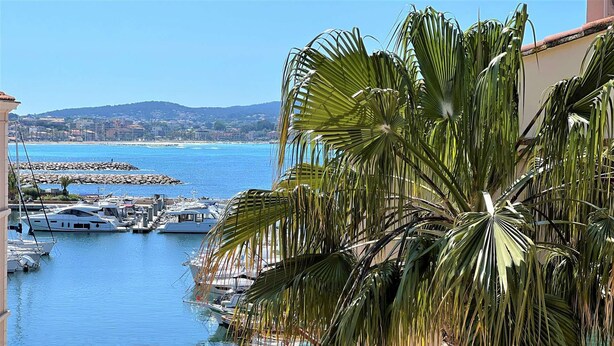 A marina with boats docked, a clear blue sky, and a coastal town in the background.