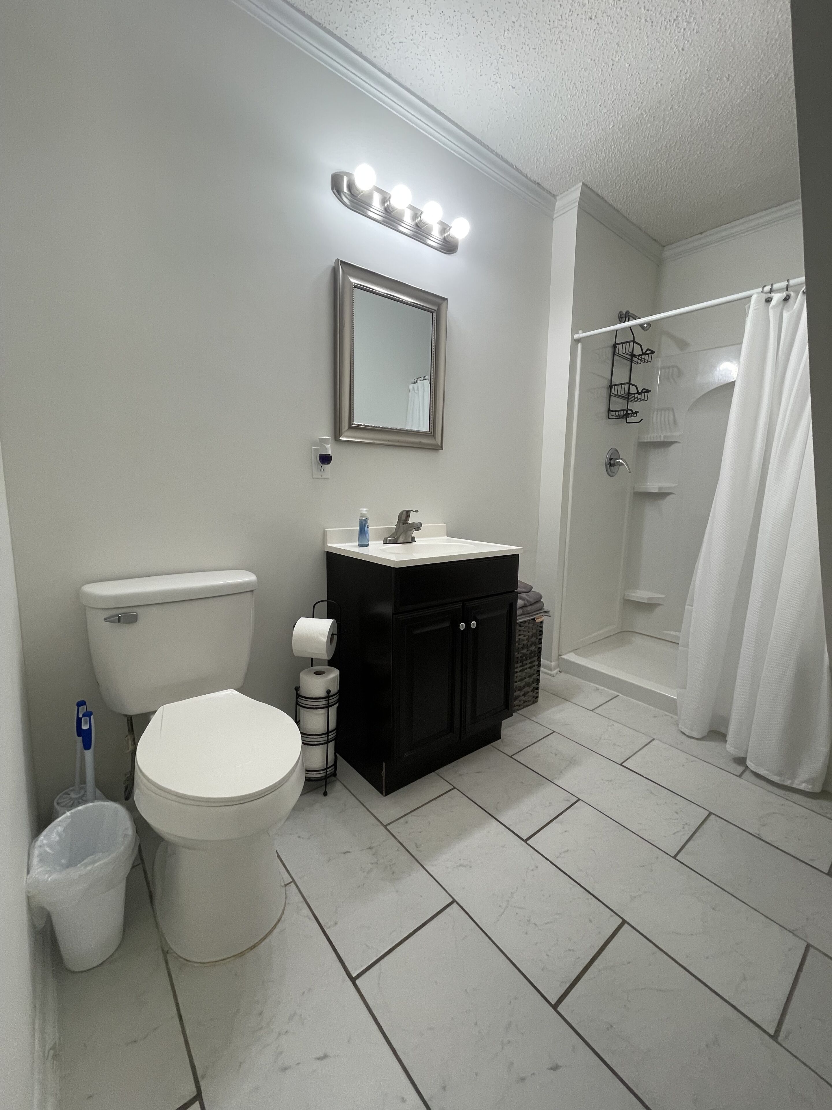 Hair dryer, towels, soap, toilet paper