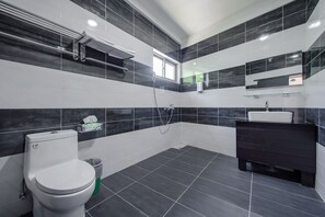 Ducha, cabezal de ducha tipo lluvia, secador de pelo, toallas
