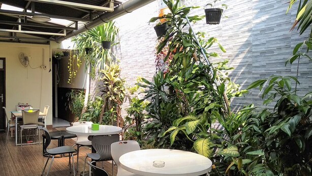 Un área de patio al aire libre con mesas y sillas redondas, rodeada de vegetación exuberante y plantas colgantes.