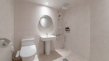 Shower, hair dryer, bathrobes, towels