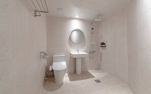Shower, hair dryer, bathrobes, towels