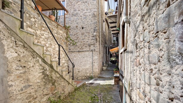 A narrow stone alleyway with steps leading to a building entrance.