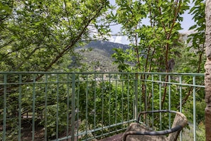A balcony with a wicker chair, surrounded by lush greenery and a mountain view.