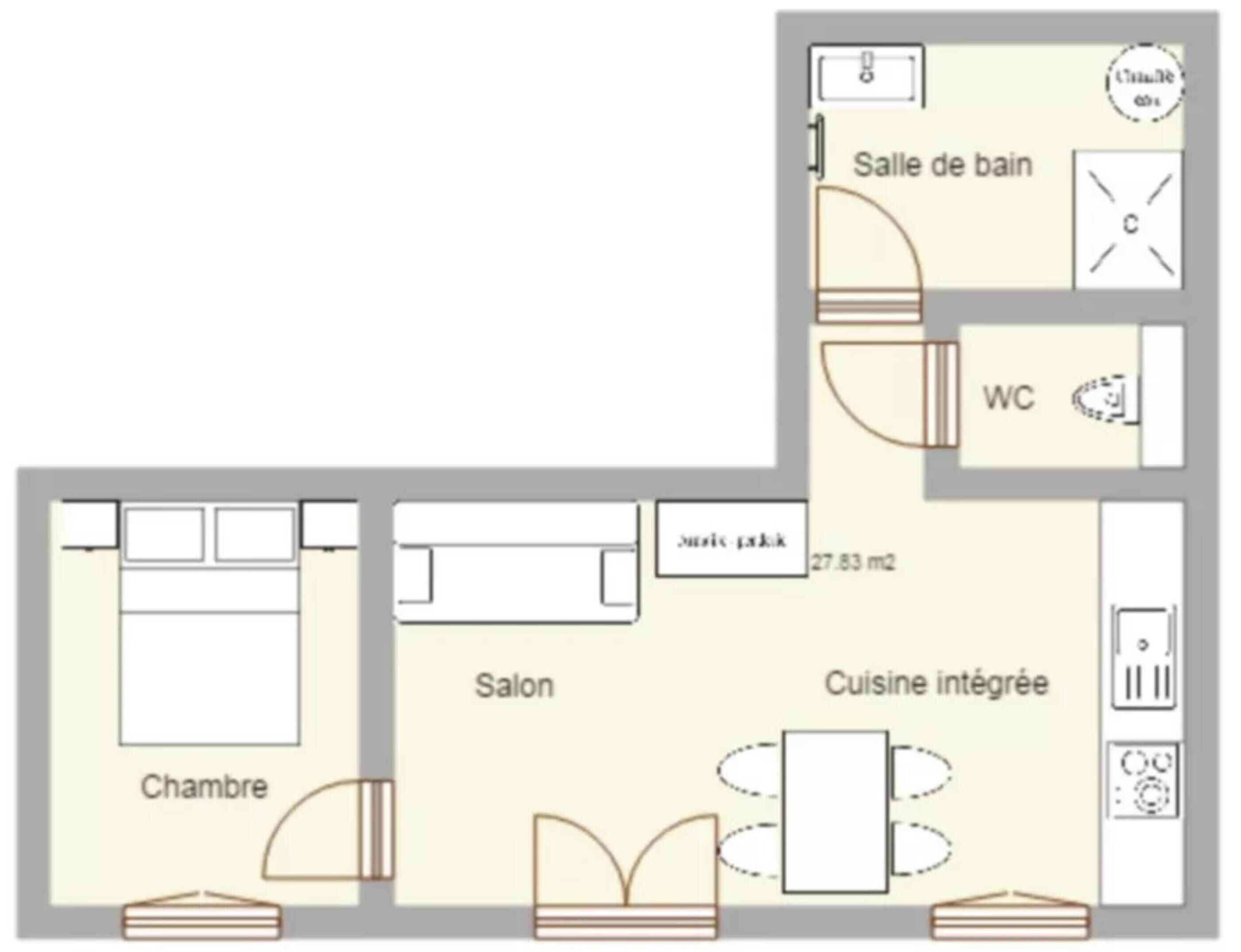Grundriss mit Schlafzimmer, Bad, Küche und Wohnbereich.