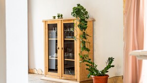 Een houten kast met glazen deuren, een potplant en een roze gordijn.