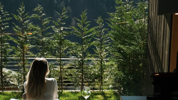 A woman seated at a table with a glass of wine, overlooking a lush green landscape through a large window. - Studio Apartment 'Garden Lodge Exclusive Two' with Mountain View, Private Terrace and Wi-Fi (Sankt Martin in Passeier)