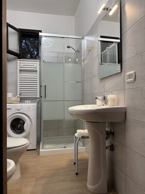 Shower, hair dryer, towels