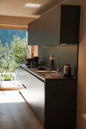 Fridge, stovetop, dishwasher, coffee/tea maker