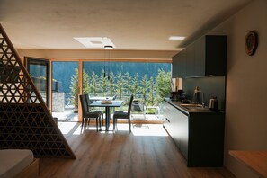 Fridge, stovetop, dishwasher, coffee/tea maker